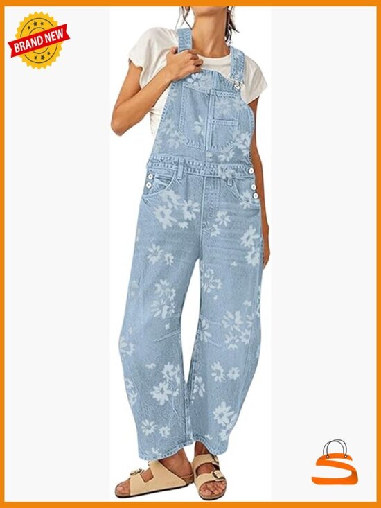 Denim - Floral Print Denim Overalls Baggy Barrel Jeans Y2K Wide Leg Jumpsuit One Piece